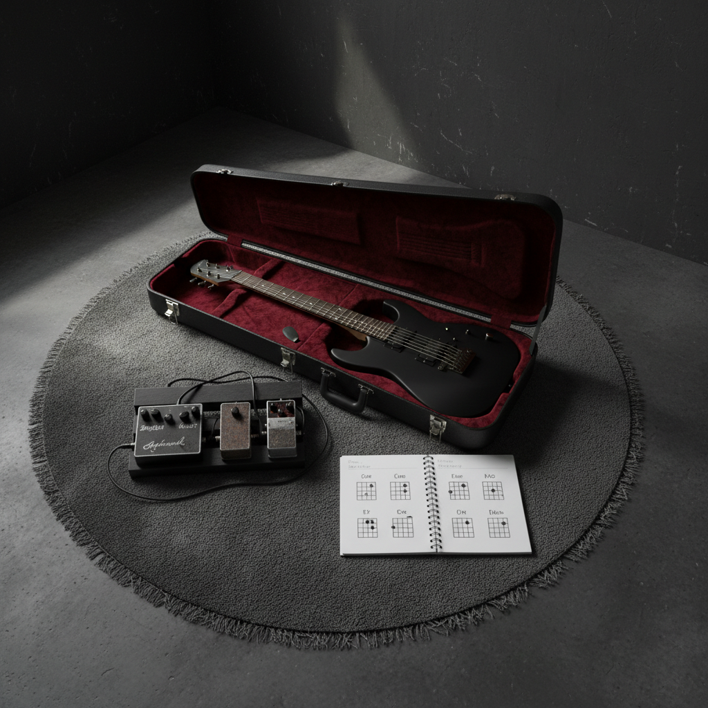 An overhead view of a dark rehearsal room corner featuring a minimalist practice setup: a matte black guitar laid neatly in an open hard case lined with deep blood-red velvet, a compact metal pedalboard with a few rugged stompboxes, and a spiral-bound lesson notebook with chord diagrams drawn in black ink. The gear sits on a worn charcoal rug over concrete flooring. Soft, diffused light from an unseen window to the side creates gentle gradients and long, subdued shadows. The photographic composition is tidy and balanced, with sharp focus and muted colors, conveying a serious yet approachable atmosphere ideal for beginner-friendly rock tuition.