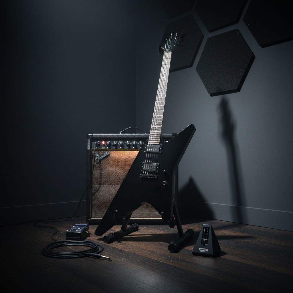 A dramatic, eye-level shot of a black, V-shaped electric guitar standing upright on a low stand in the center of a small practice room at night. Behind it, a single medium-sized combo amp glows with red and amber LEDs, its knobs set to classic rock and metal tones. Coiled cables, a chromatic tuner pedal, and a metronome sit orderly on the floor. The room’s walls are dark, with one partially visible sound-treated panel. A narrow beam of cool spotlight from the side creates a hard-edged shadow of the guitar stretching across the floor, giving a cinematic, performance-ready feel in realistic photographic style.
