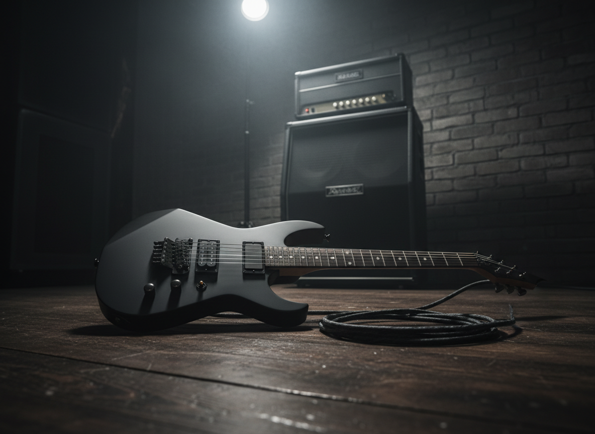 A sleek, matte-black electric guitar with sharp, angular contours and brushed metal hardware resting on a dark wooden studio floor. Thick, braided instrument cables coil beside it, leading to a row of imposing black guitar amps stacked against a dimly lit wall. A single cool-white spotlight from above cuts through a hazy atmosphere, tracing reflections along the guitar’s polished frets and chrome bridge, while the background falls into soft, grainy darkness. Photographed at a low, three-quarter angle with shallow depth of field, the instrument dominates the frame, creating a bold, cinematic, rock-and-metal mood in realistic photographic style.