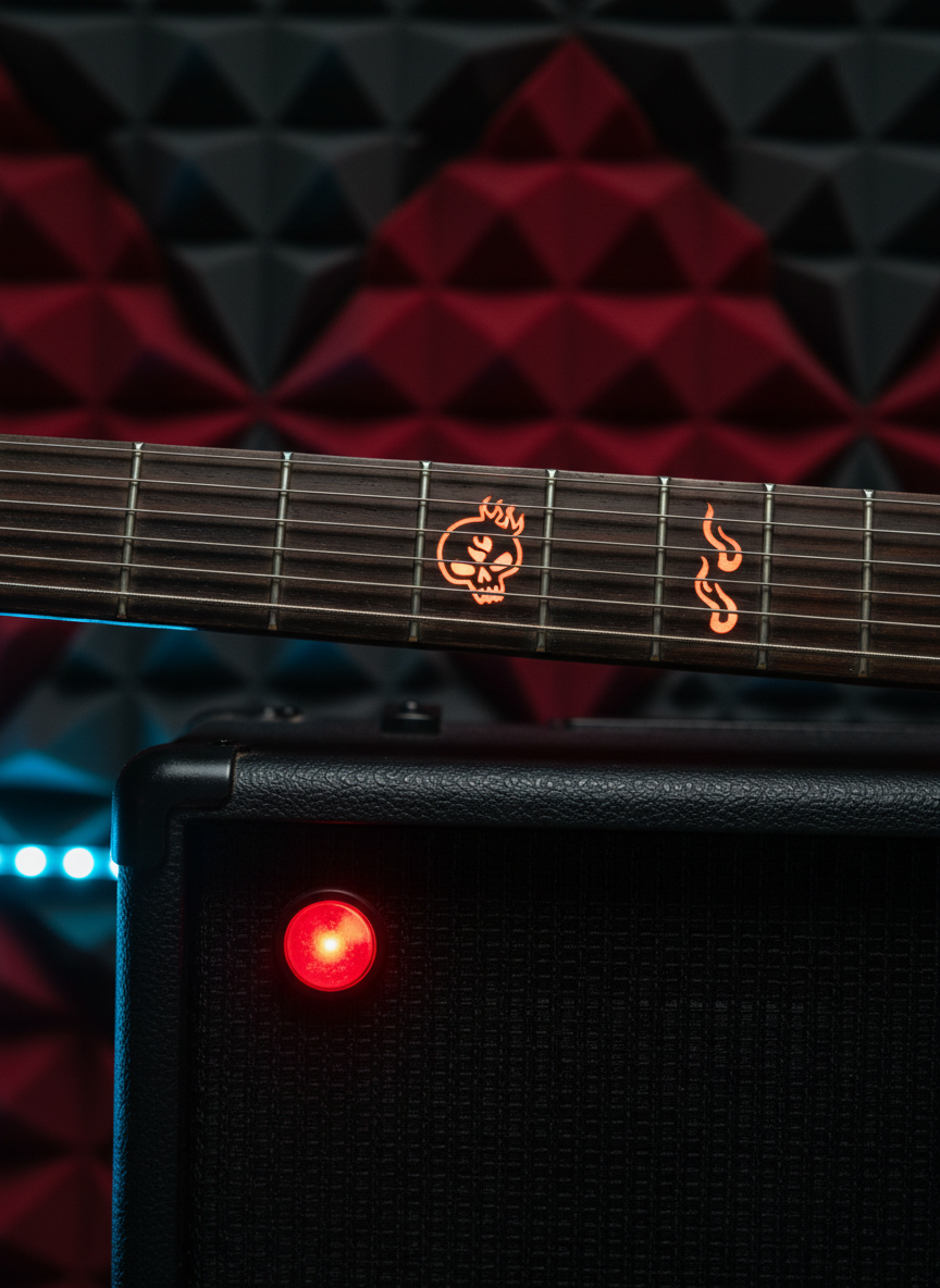 A close-up of a heavily used guitar fretboard in dark rosewood, its metal frets slightly worn and strings taut, captured mid-neck where small skull and flame inlays glow subtly. The guitar rests on a black amp cabinet with a textured grille cloth and red power LED glowing ominously. Behind, a blurred wall of soundproof foam panels in charcoal and deep crimson forms a rhythmic pattern. Dramatic side lighting from a cool-blue LED strip carves hard shadows and highlights, emphasizing texture and precision. Shot in photographic realism with a tight, macro-style composition, the atmosphere feels focused, technical, and intense, perfect for showcasing serious guitar skill-building.