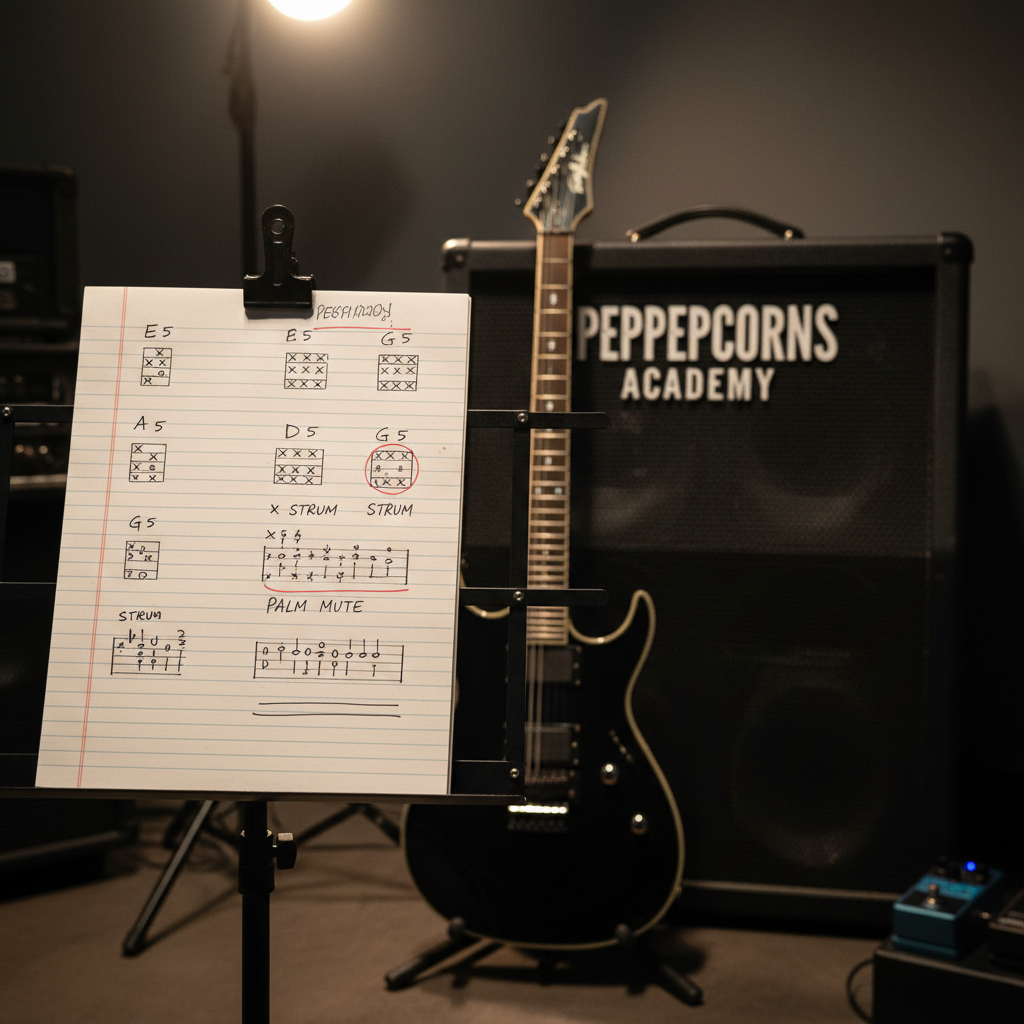 A detailed close-up of a handwritten lesson plan page clipped onto a black music stand, featuring neatly drawn power chord shapes and rhythm patterns on lined paper. In the blurred background, the headstock of a black electric guitar with pointed tips and locking tuners leans against a large dark-grey amp at Peppercorns Academy. The room is dim, lit only by a warm overhead light and a faint blue LED glow from a nearby pedal, casting soft shadows and subtle reflections on glossy hardware. Shot with shallow depth of field and a rule-of-thirds composition, the mood is focused, studious, and slightly gritty, emphasizing real rock learning in photographic realism.