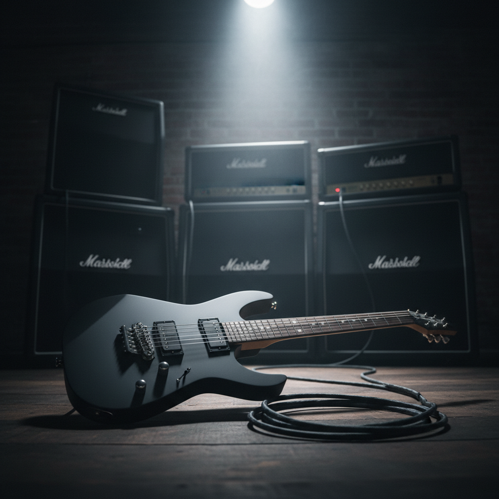 A sleek, matte-black electric guitar with sharp, angular contours and brushed metal hardware resting on a dark wooden studio floor. Thick, braided instrument cables coil beside it, leading to a row of imposing black guitar amps stacked against a dimly lit wall. A single cool-white spotlight from above cuts through a hazy atmosphere, tracing reflections along the guitar’s polished frets and chrome bridge, while the background falls into soft, grainy darkness. Photographed at a low, three-quarter angle with shallow depth of field, the instrument dominates the frame, creating a bold, cinematic, rock-and-metal mood in realistic photographic style.